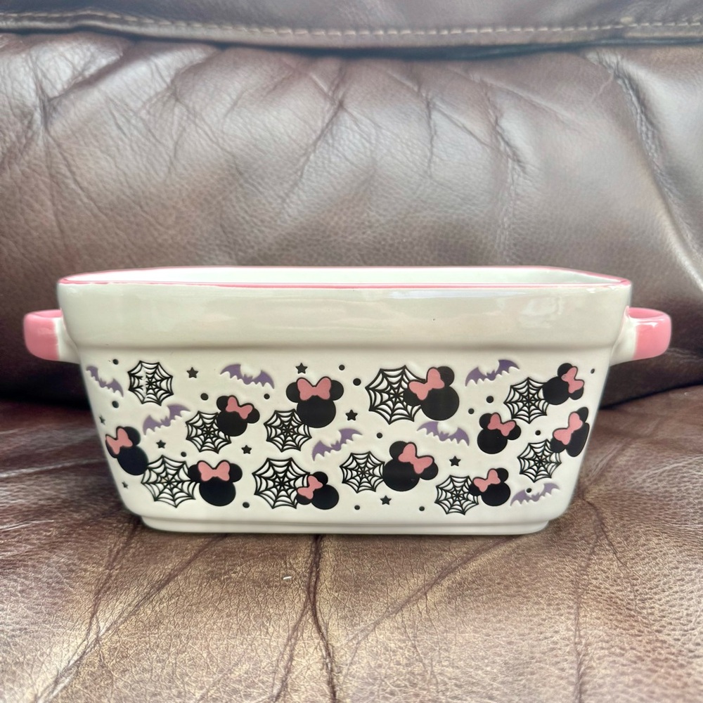 Disney Minnie Mouse Ears with Spiders Webs and Bats Ceramic Halloween Loaf Pan
